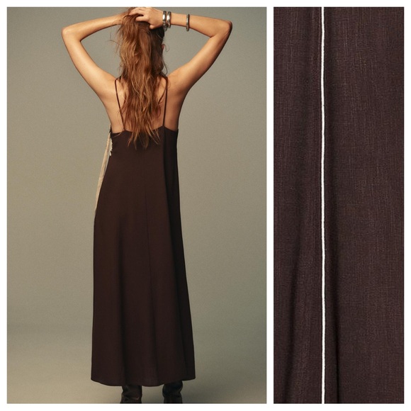 NWT. Zara Chocolate Viscose Embroidered Strappy Midi Dress. Size M. - Picture 6 of 13